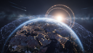 Imagem conceitual da Escala Kardashev com a Terra, redes de energia e megaestruturas estelares, simbolizando o nível de civilização e consumo energético.