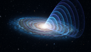 Imagem conceitual de Fast Radio Burst (FRB) em uma galáxia distante, com ondas de rádio energéticas.