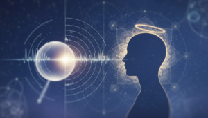 Representação visual da influência da fé na percepção de UAPs, com elementos científicos e religiosos em contraste.