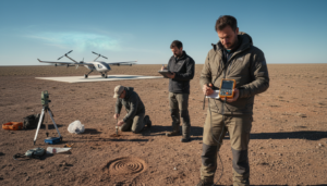 Cientistas com magnetômetro investigando anomalias magnéticas em vestígios de pouso de UAP