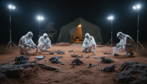 Análise de destroços de UAP em um local de suposto 'Crash Retrieval', com equipe militar e científica.