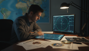 Analista de inteligência examinando documentos oficiais e dados de radar sobre UAPs para uma investigação imparcial.