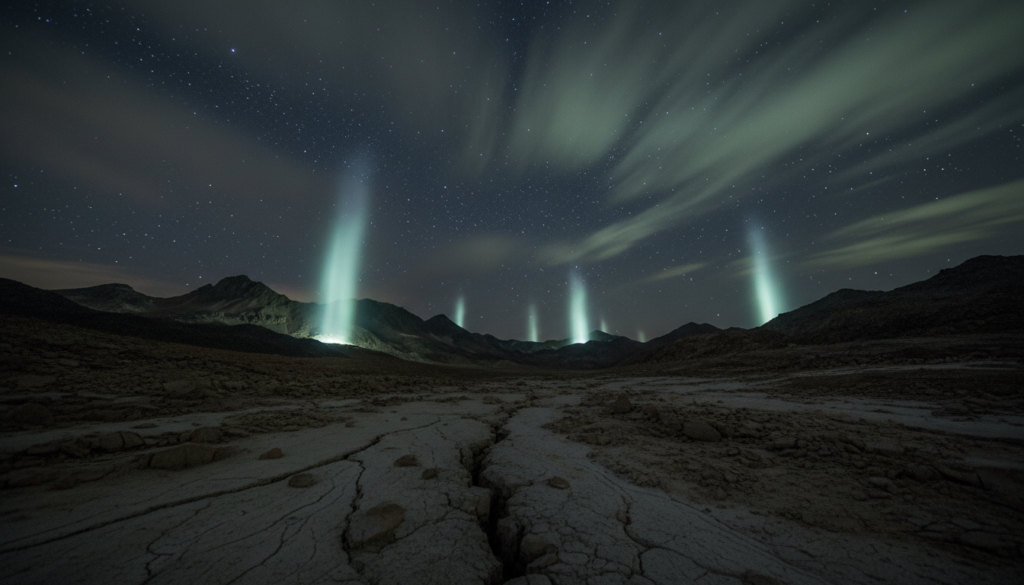 Fotografia de luzes etéreas emanando do solo em uma paisagem noturna montanhosa, simbolizando as Luzes de Terremoto (EQL).