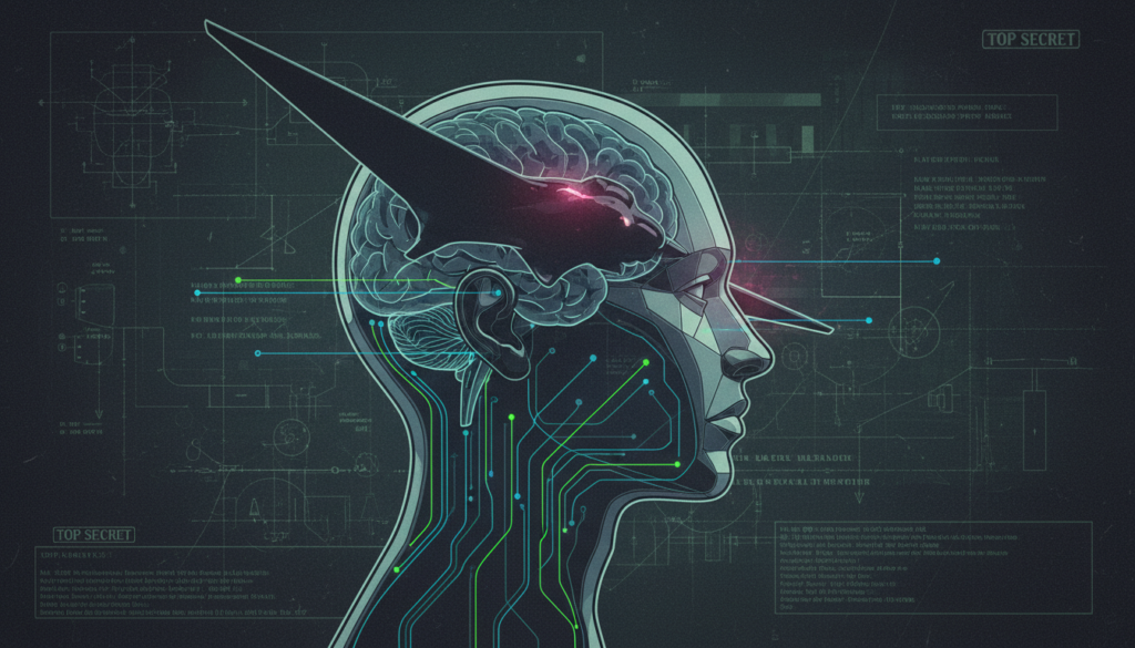 Ilustração abstrata de cérebro humano e UAP, simbolizando manipulação de percepção e ufologia em contexto de inteligência.