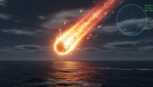 Ilustração de CNEOS 2014-01-08 (IM1) com rastro de fogo na atmosfera, evidenciando sua velocidade e resistência material incomuns.