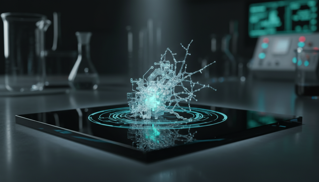 Objeto translúcido e brilhante em laboratório, representando a análise de implantes ufológicos