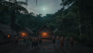 Moradores de uma vila amazônica no Pará olhando para o céu noturno com expressões de preocupação, representando o trauma social do Chupa-Chupa.