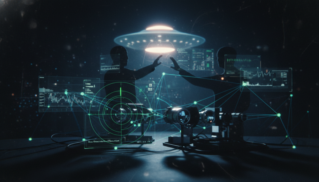 Diagrama conceitual do Efeito Observador na ufologia, com dados de radar e elementos visuais de UAPs.