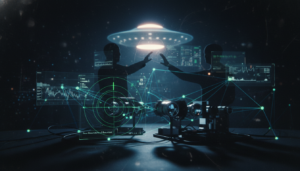 Diagrama conceitual do Efeito Observador na ufologia, com dados de radar e elementos visuais de UAPs.