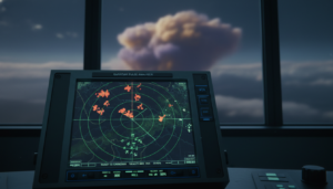 Tela de radar militar mostrando um objeto sumindo, representando a Assinatura de Radar (RCS) de UAPs.