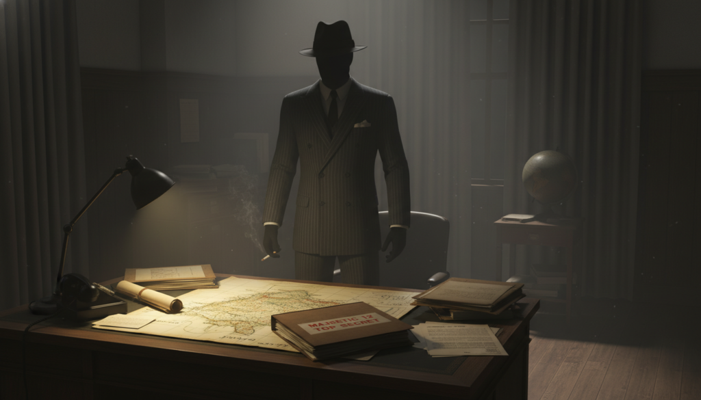 Oficial militar em ambiente secreto com documentos Majestic 12, representando mistério e inteligência sobre UAPs.