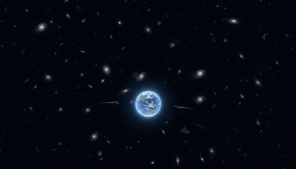 Imagem conceitual do Paradoxo de Fermi com UAPs, silêncio cósmico, Terra, galáxias distantes, e fenômenos aeroespaciais anômalos.