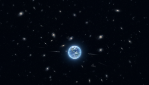 Imagem conceitual do Paradoxo de Fermi com UAPs, silêncio cósmico, Terra, galáxias distantes, e fenômenos aeroespaciais anômalos.