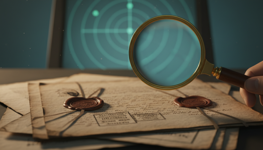 Lupa focada em documentos oficiais e tela de radar, representando ceticismo e rigor na investigação de UAPs