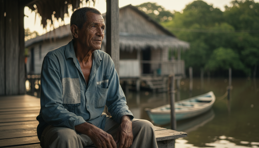 Homem idoso de Colares, Pará, com expressão reflexiva, simbolizando o trauma e a memória dos eventos da Operação Prato.