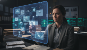 Pesquisador analisando fakes ufológicos em redes sociais, contrastando com documentos oficiais e dados técnicos de UAP.