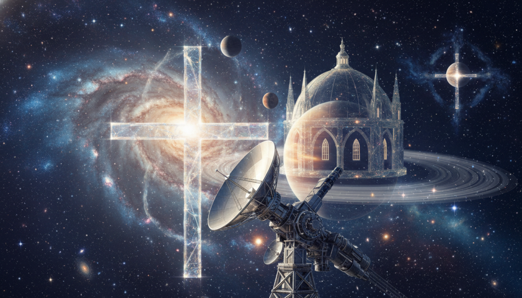 Telescópio do Observatório Vaticano apontado para o espaço, com uma galáxia ao fundo, representando a posição da Igreja sobre vida extraterrestre.