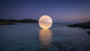 Objeto voador não identificado luminoso sobre o oceano em Fernando de Noronha, com radar militar ao fundo.