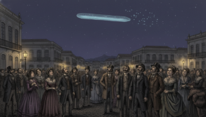 Cena de 1800s Brasil com objeto voador misterioso no céu noturno, representando relatos de OVNIs no Império.