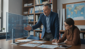 Oficial da reserva em entrevista com pesquisador sobre investigações de fenômenos aeroespaciais não identificados (UAP), analisando relatórios e dados.