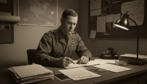 Oficial da USAF revisando documentos confidenciais de OVNIs dos Projetos Blue Book, Grudge e Sign