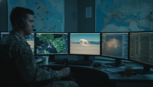 Operador de drone observando UAPs em telas de radar em um cenário de guerra na Ucrânia ou Oriente Médio.