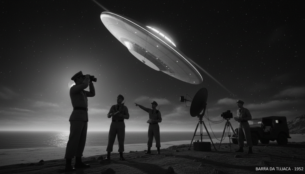Ilustração do OVNI da Barra da Tijuca em 1952, com militares observando, destacando a perícia da FAB e os relatórios oficiais do caso.