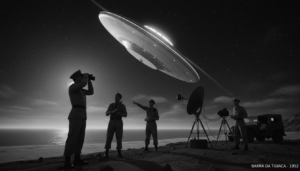 Ilustração do OVNI da Barra da Tijuca em 1952, com militares observando, destacando a perícia da FAB e os relatórios oficiais do caso.