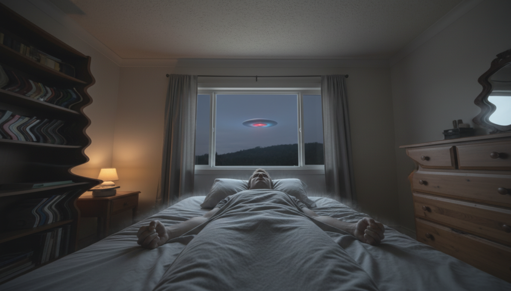 Pessoa em paralisia do sono com silhueta de UAP ao fundo, ilustrando a dicotomia entre fenômenos psicofisiológicos e observações anômalas.