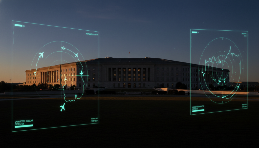 Imagem do Pentágono com gráficos de radar e silhuetas de aeronaves, simbolizando UAPs e segurança de voo.