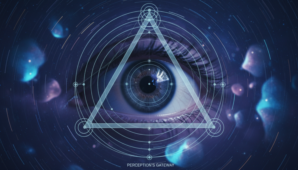 Olho humano observando o céu noturno com sobreposição de formas geométricas da Psicologia da Gestalt, simbolizando a interpretação de UAPs.