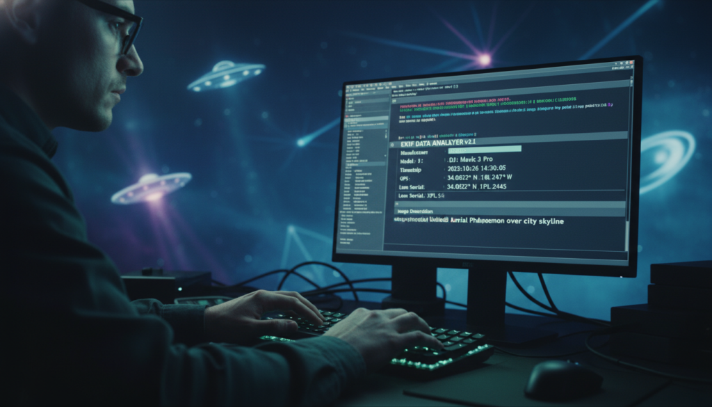 Mãos de especialista em forense digital analisando metadados EXIF de uma foto de UAP em um software de computador, com foco em dados técnicos e autenticidade da imagem.