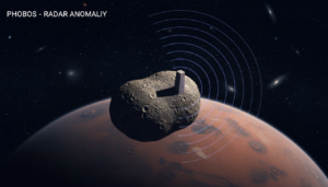 Phobos orbitando Marte com assinatura de radar anômala, simbolizando mistérios e dados da sonda Phobos 2.
