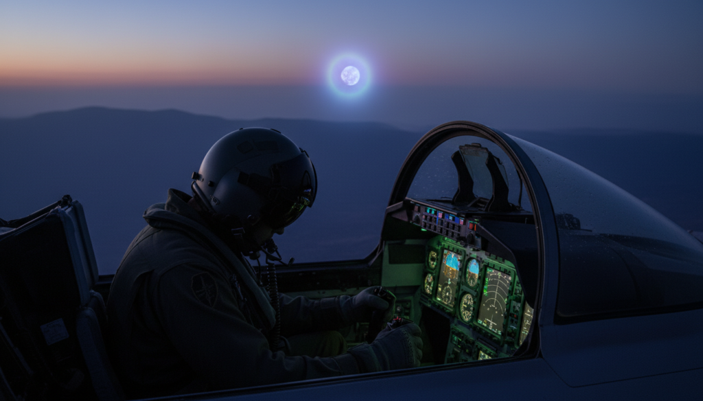 Piloto militar observando UAP, cabine de caça, fenômeno anômalo aeroespacial, relutância em relatar, segurança de voo