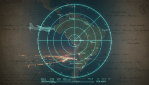 Imagem de radar mostrando UAPs sobre o Brasil, com referências a documentos históricos e aeronaves militares, ilustrando a investigação técnica de fenômenos aeroespaciais não identificados.