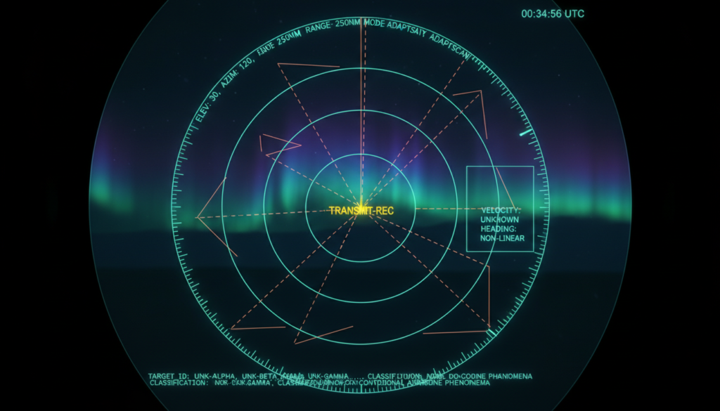 Tela de radar com anomalias e luzes no céu noturno, simbolizando avistamentos coletivos de UAPs e a análise de dados.