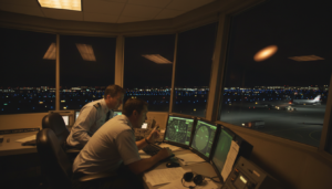 Torre de controle de aeroporto à noite, com telas de radar mostrando um eco anômalo e luzes distantes no céu, representando o caso OVNI Confins 1997.