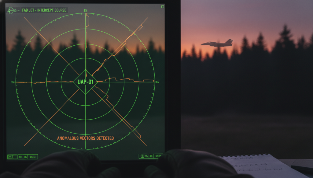 Tela de radar militar com um ponto não identificado sobre a fronteira de Ponta Porã, Brasil, avião da FAB ao fundo.