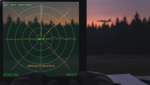 Tela de radar militar com um ponto não identificado sobre a fronteira de Ponta Porã, Brasil, avião da FAB ao fundo.