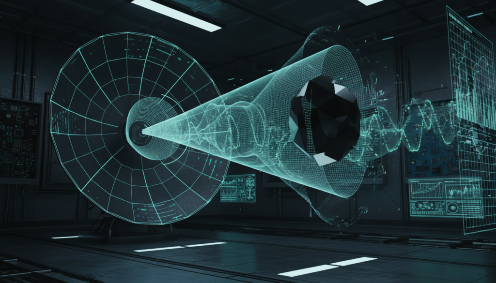 Representação gráfica da tecnologia de invisibilidade (cloaking) e um sistema de radar moderno, com ondas eletromagnéticas.