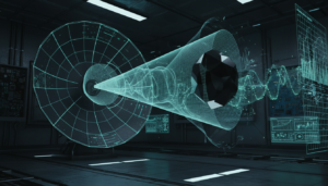 Representação gráfica da tecnologia de invisibilidade (cloaking) e um sistema de radar moderno, com ondas eletromagnéticas.