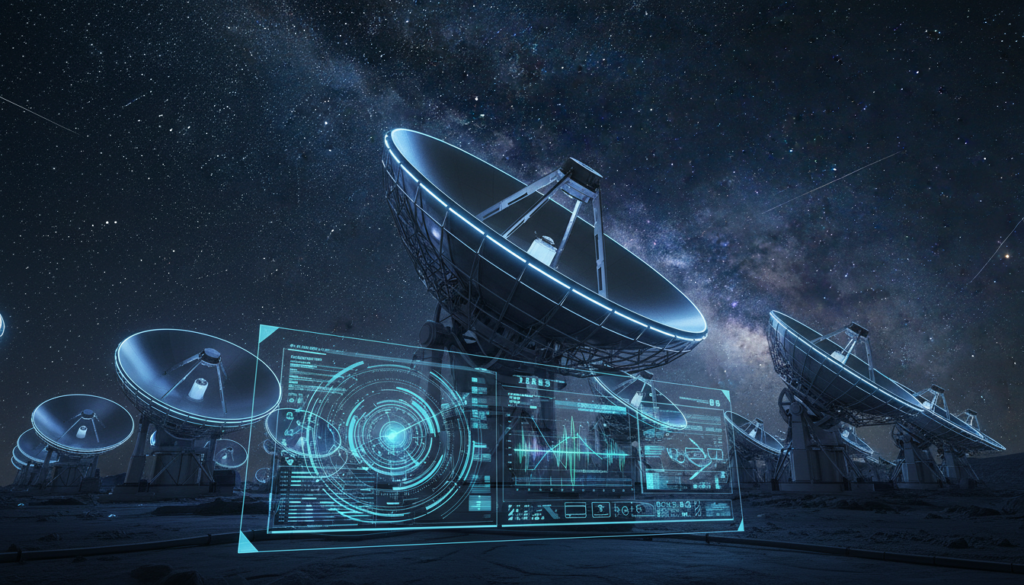 Radiotelescópio SKA com IA analisando sinais de rádio para o futuro do SETI