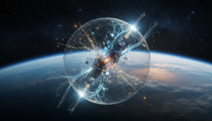 Representação artística de um objeto 3i/atlas, com características biotecnológicas, em ambiente transmeio (espaço-atmosfera), simbolizando a fusão de inteligência e adaptação.