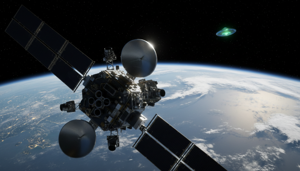 Satélite espião em órbita, detectando UAP com sensores avançados
