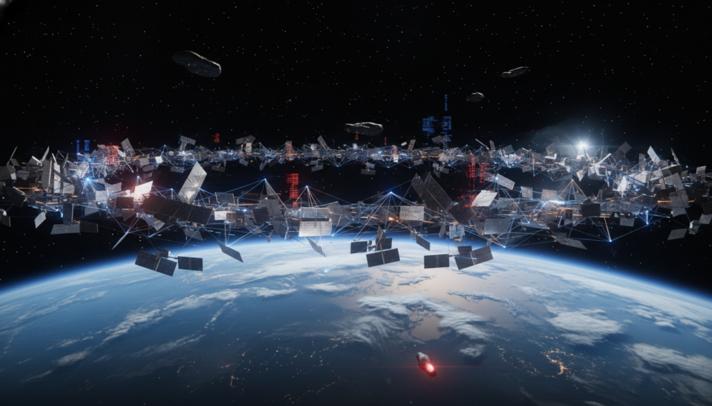 Constelação de satélites privados com sensores detectando anomalias no espaço, representando o papel da iniciativa privada (SpaceX, Blue Origin) na detecção de UAPs.