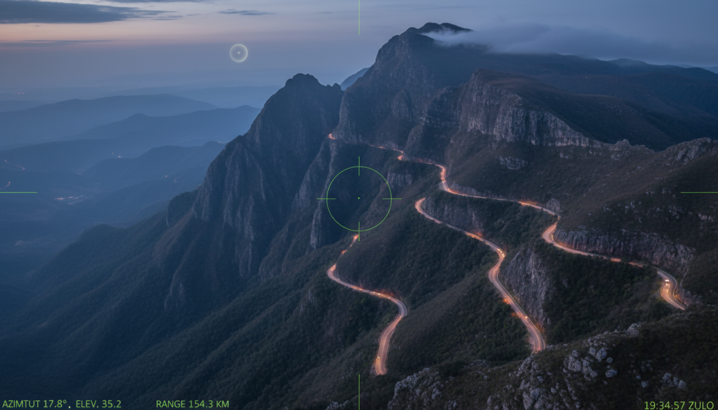 Imagem da Serra do Rio do Rastro com um ponto luminoso distante, simbolizando um UAP, em análise técnica.
