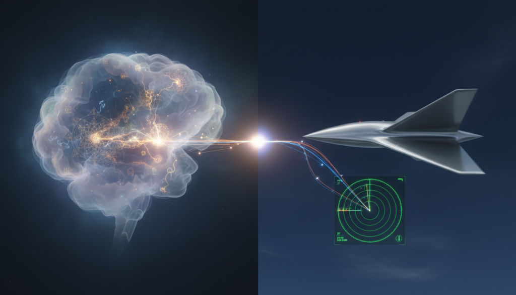 Representação visual da sincronicidade junguiana e de um UAP, simbolizando a conexão entre a mente humana e fenômenos anômalos.