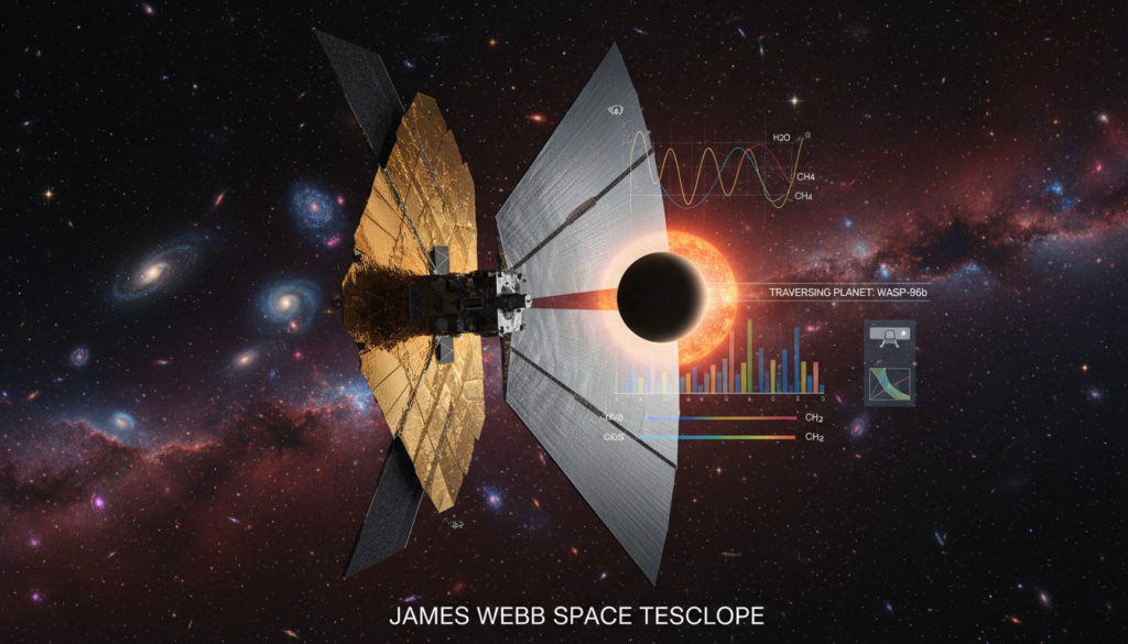 Imagem do Telescópio James Webb analisando atmosfera de exoplaneta para tecnossinaturas