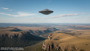 Fotografia de UAP em voo sobre a paisagem montanhosa da Serra do Cipó, Minas Gerais, Brasil, em análise por especialistas.