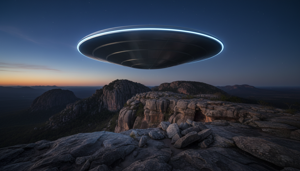 Ilustração de UAP discóide sobre paisagem rochosa de Morro do Chapéu, Bahia, com ênfase na geologia local e céu noturno.